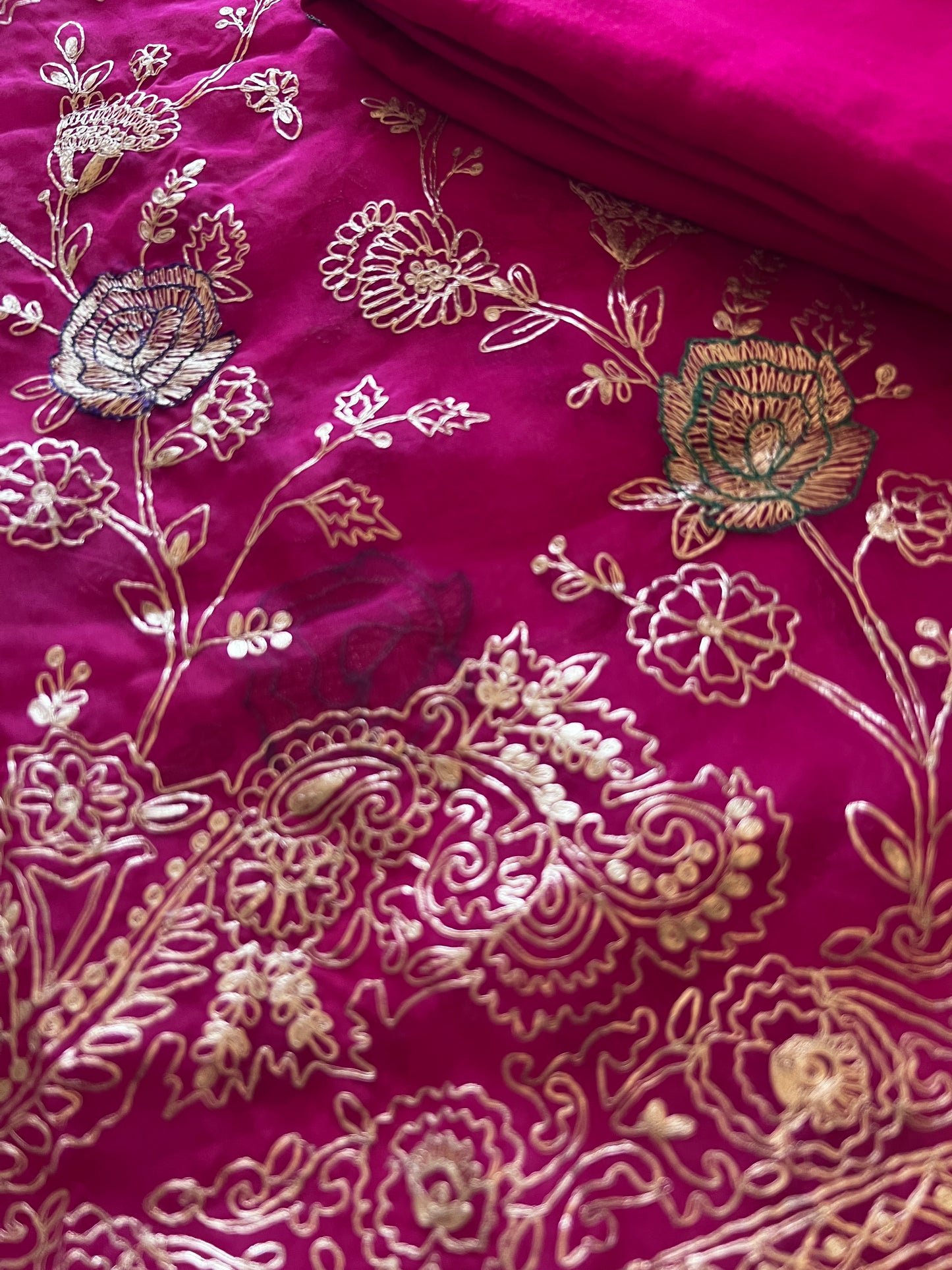 Pure Silk Organza Full embroidered premium unstitched suit in Hot Pink