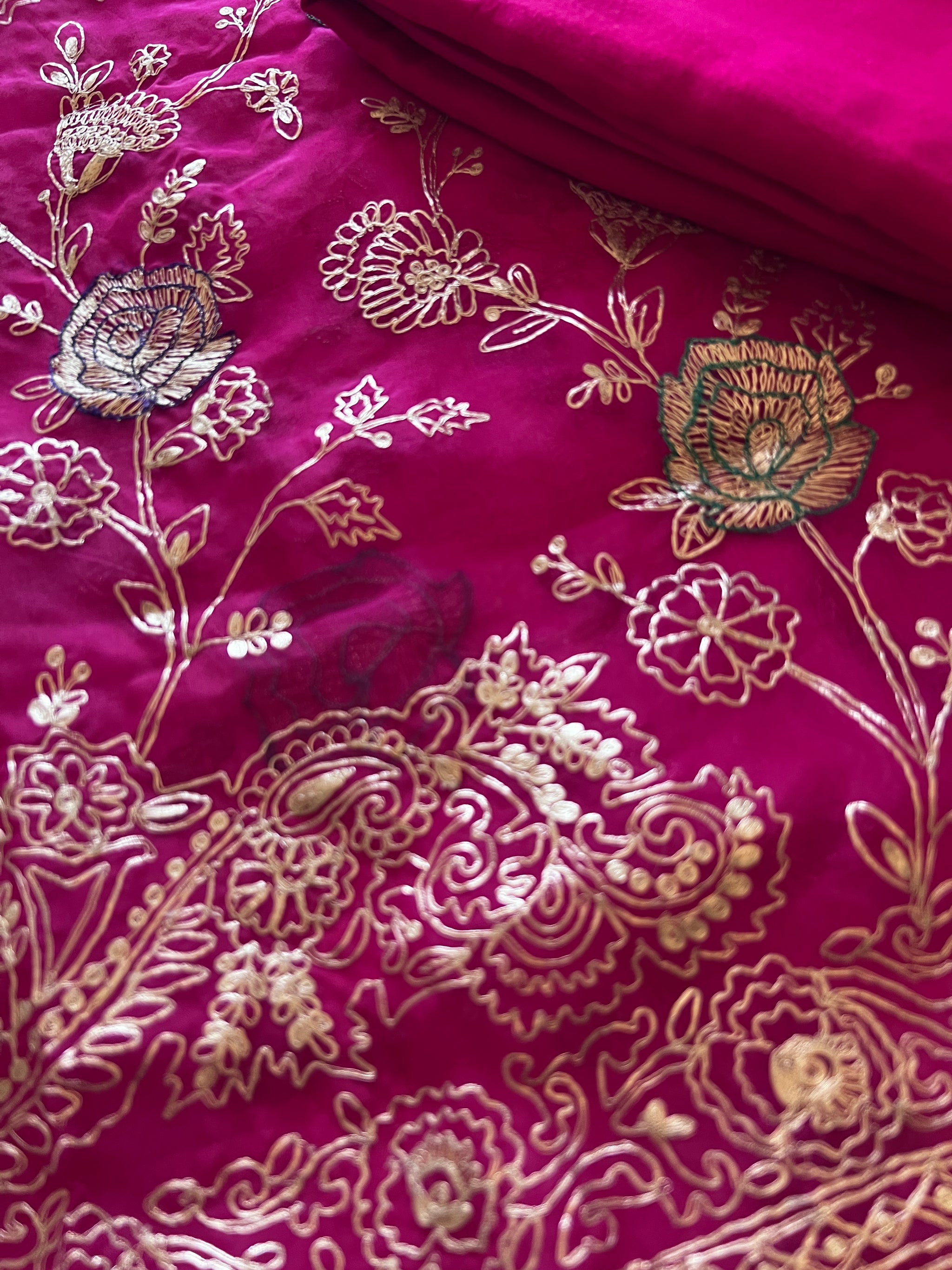 Pure Silk Organza Full embroidered premium unstitched suit in Hot Pink