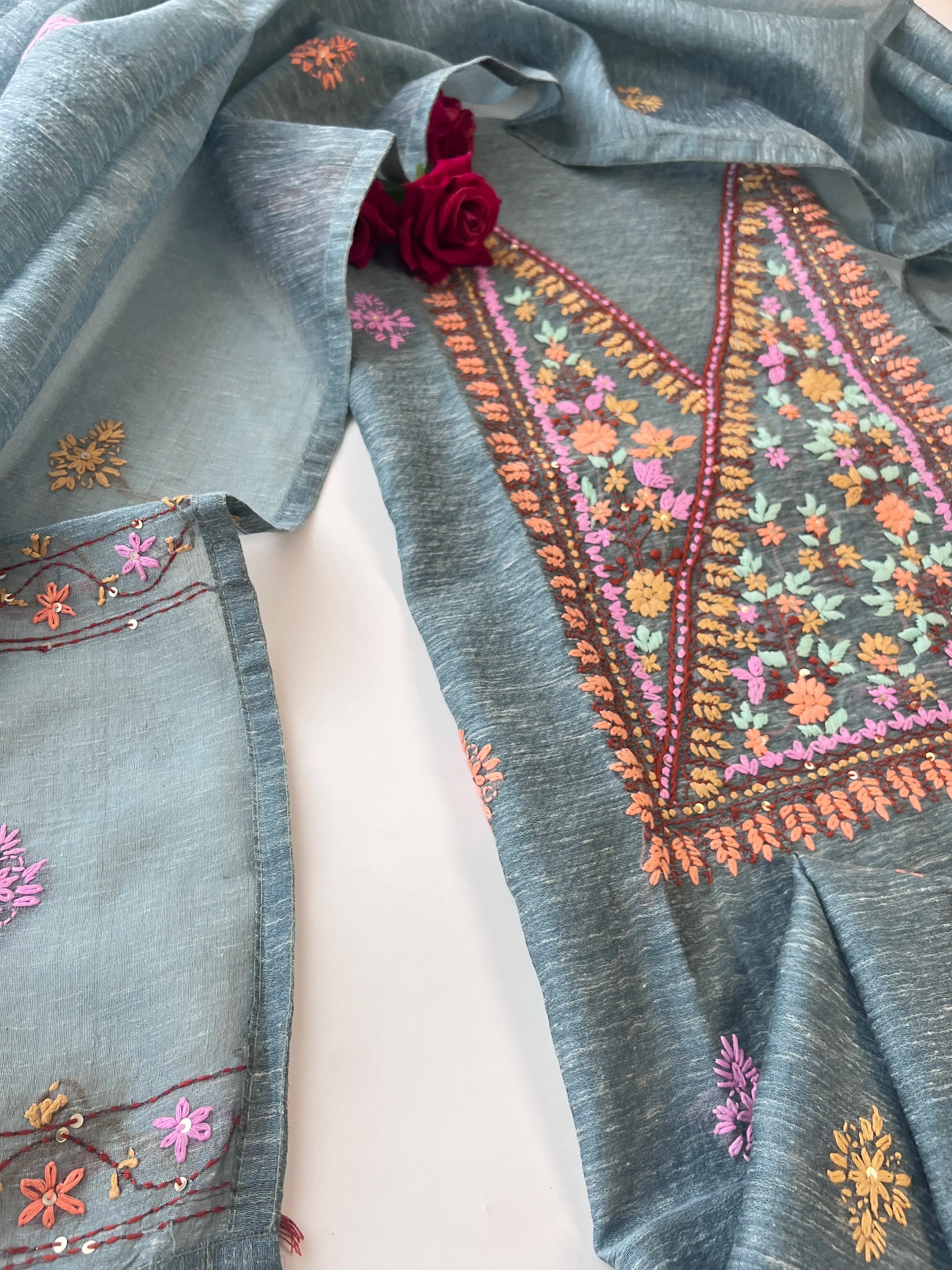Chanderi knot embroidery Unstitched suit material