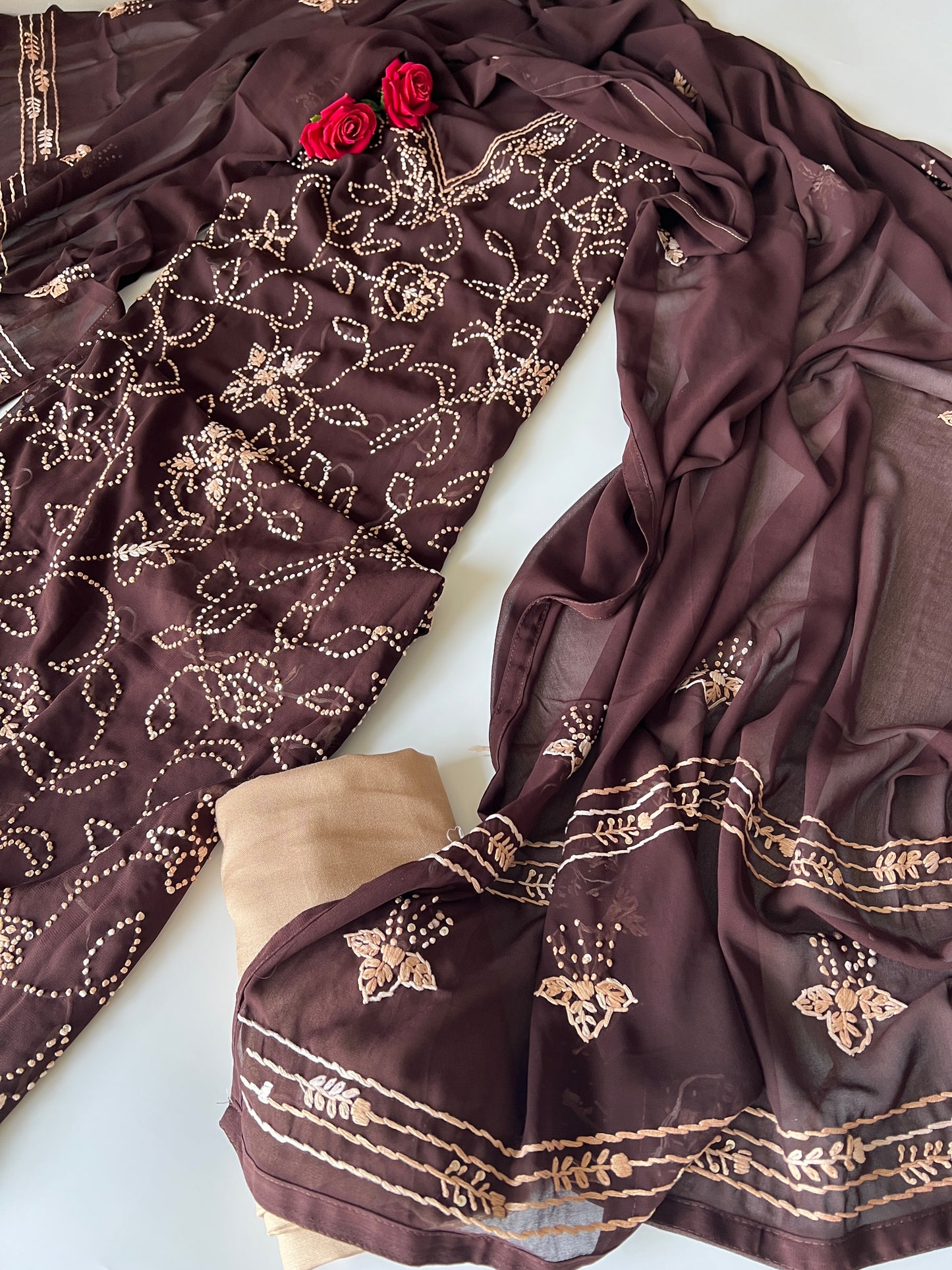 Brown Georgette Knot Embroidery Unstitched suit set 3 pc