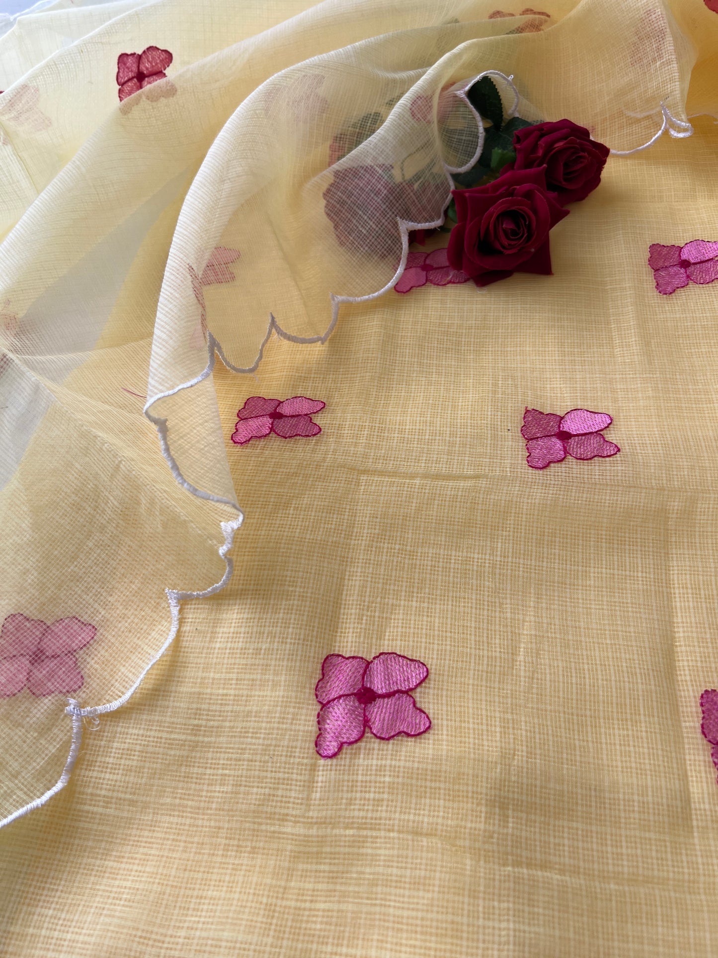 Yellow Kotta with flamingo embroidered kurta dupatta set Unstitched