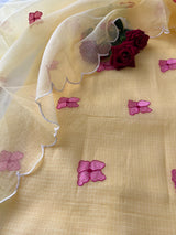 Yellow Kotta with flamingo embroidered kurta dupatta set Unstitched