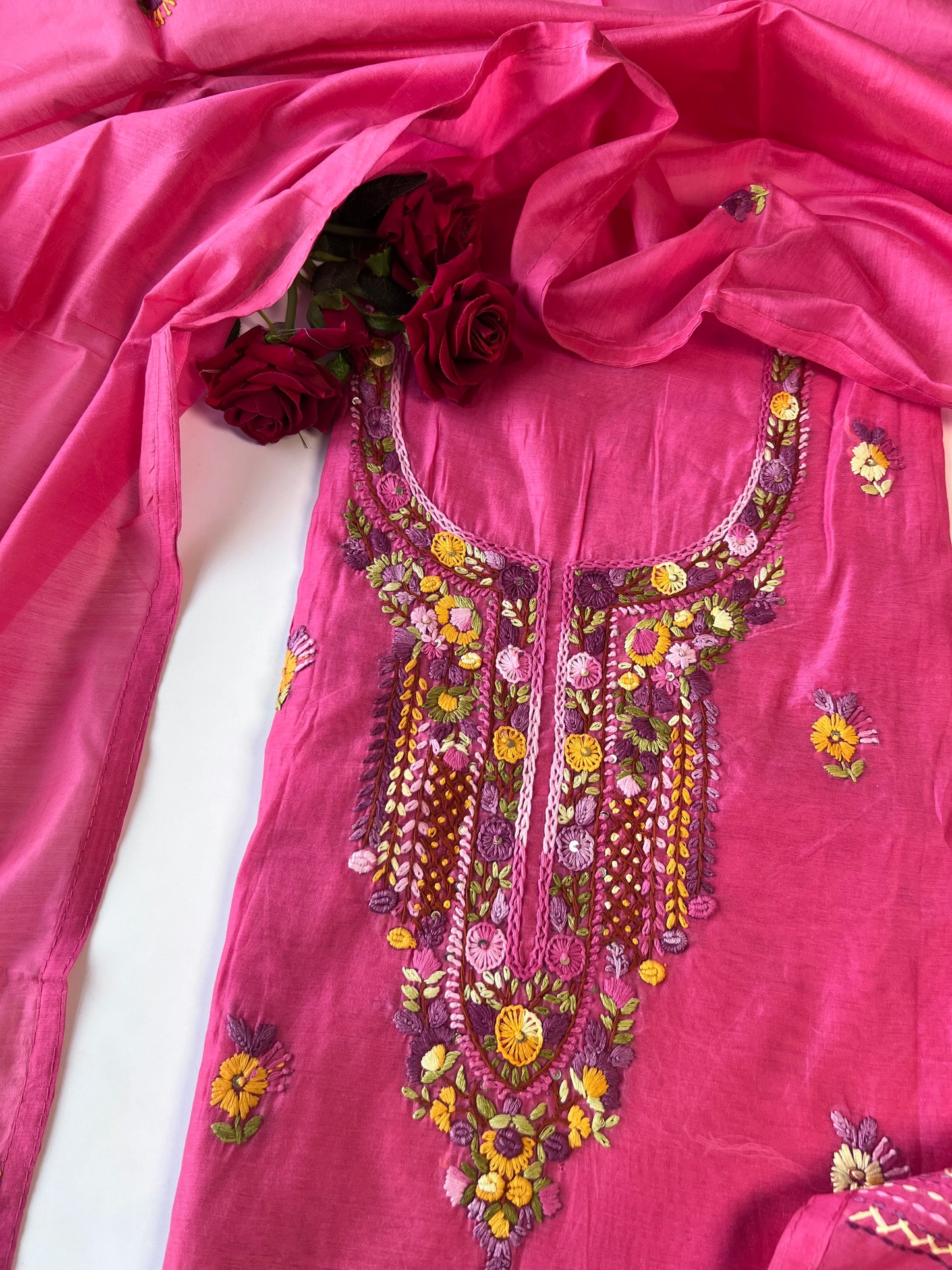 Chanderi knot embroidery Unstitched suit material