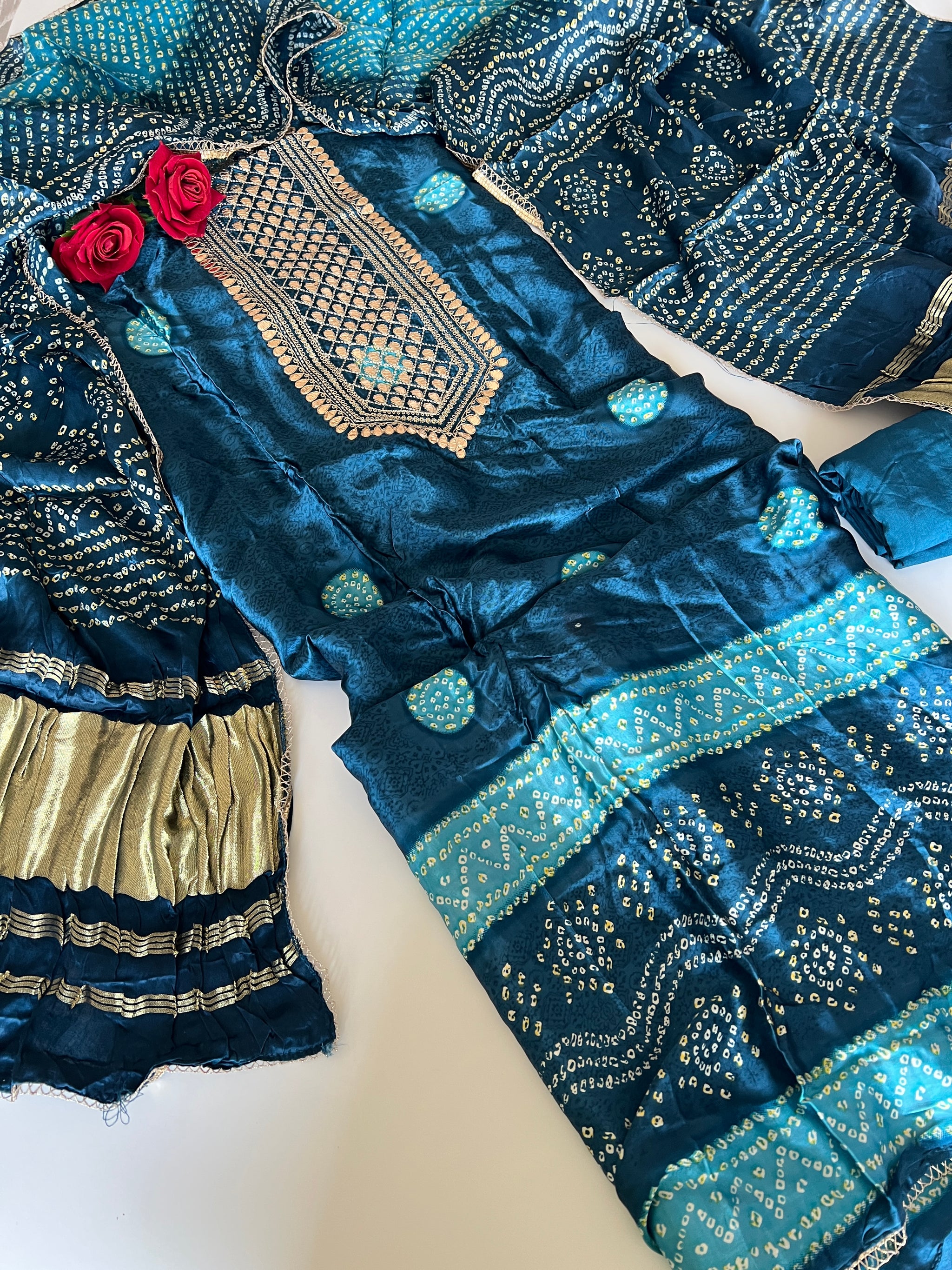 Blue Gajji Silk With gotta work neck Unstitched suit