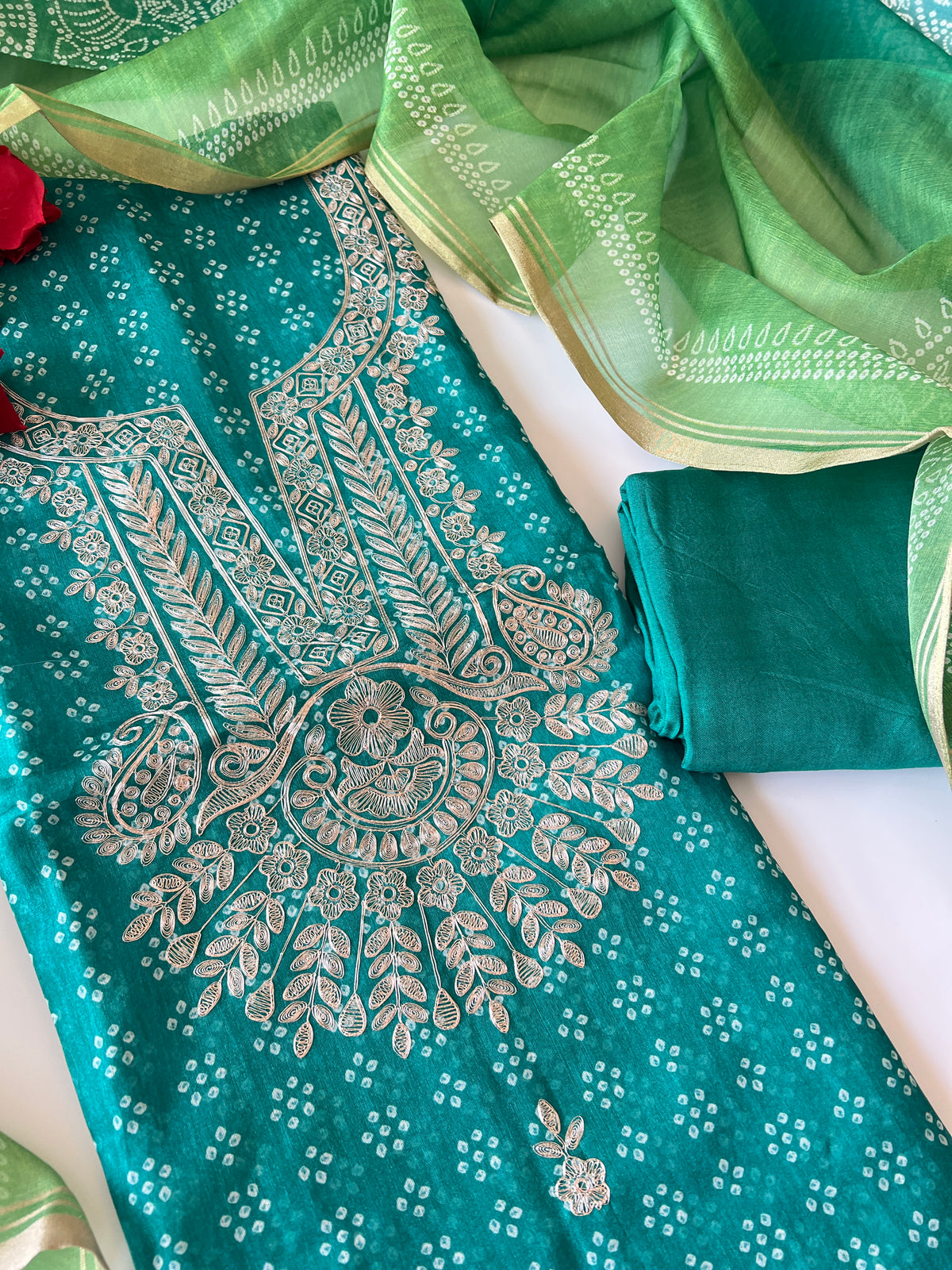 Green soft Organza crepe with Pitta work and bandej