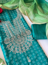 Green soft Organza crepe with Pitta work and bandej