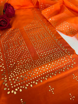 Orange Mul Chanderi dress material with mukaish geometric