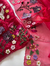 Red Fairy tale Embroidery on Organza premium unstitched dress material with 3D floral work