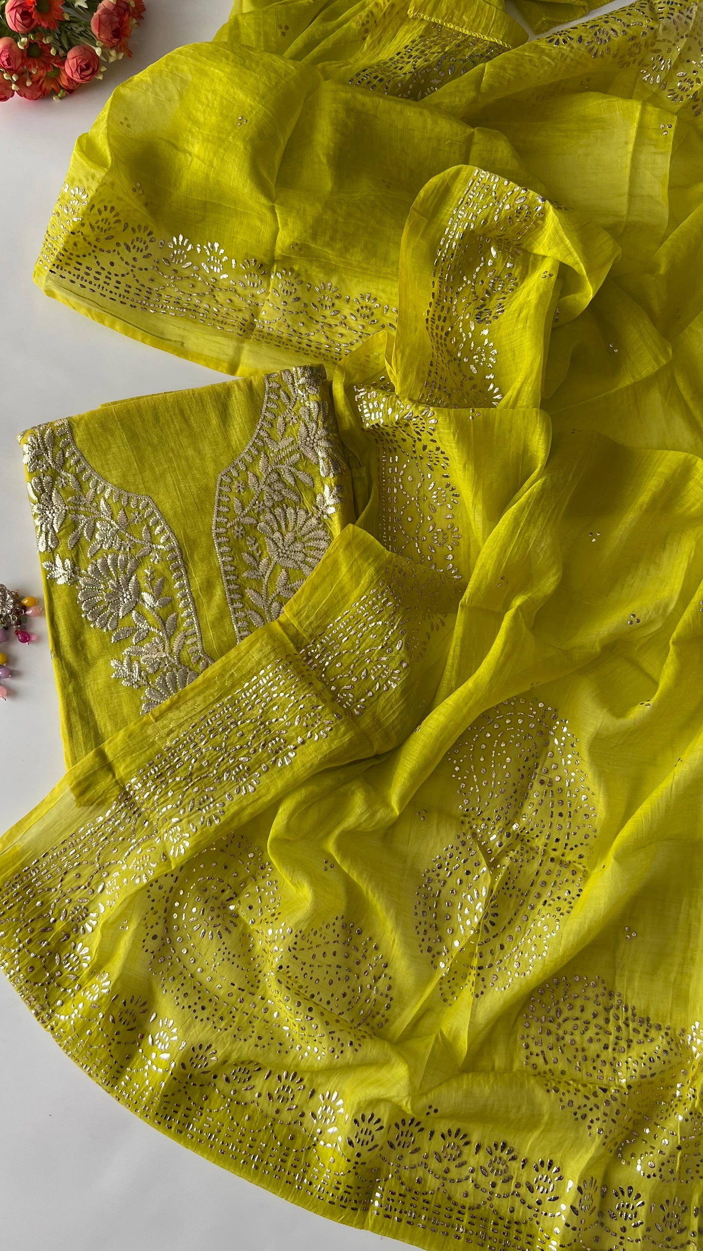 Green Mul Chanderi dress material with pitta and mukaish work