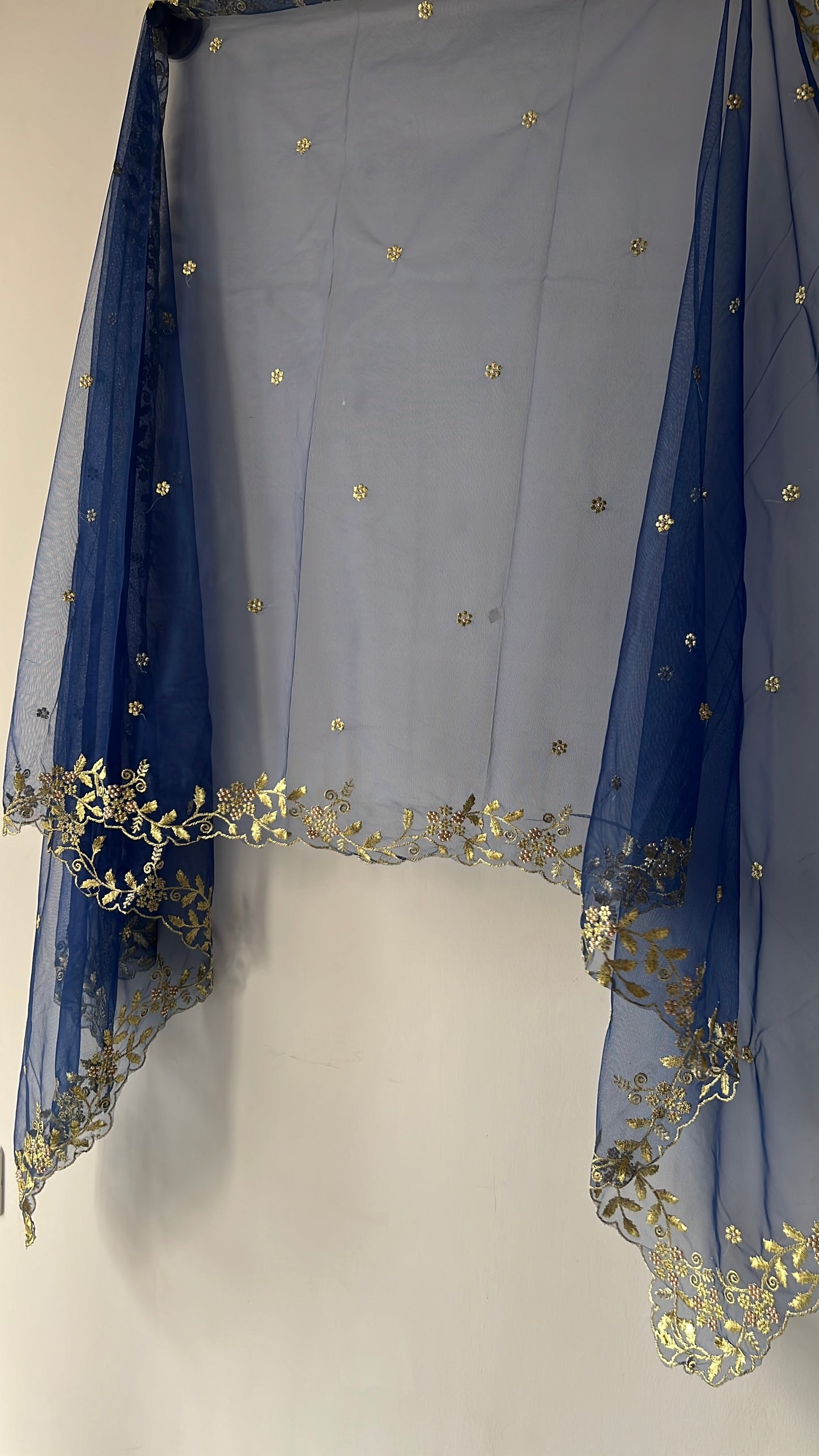 Navy Blue net soft dupatta with golden scallop border embroidery