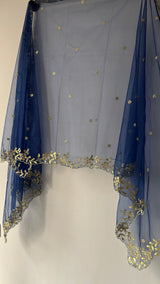 Navy Blue net soft dupatta with golden scallop border embroidery