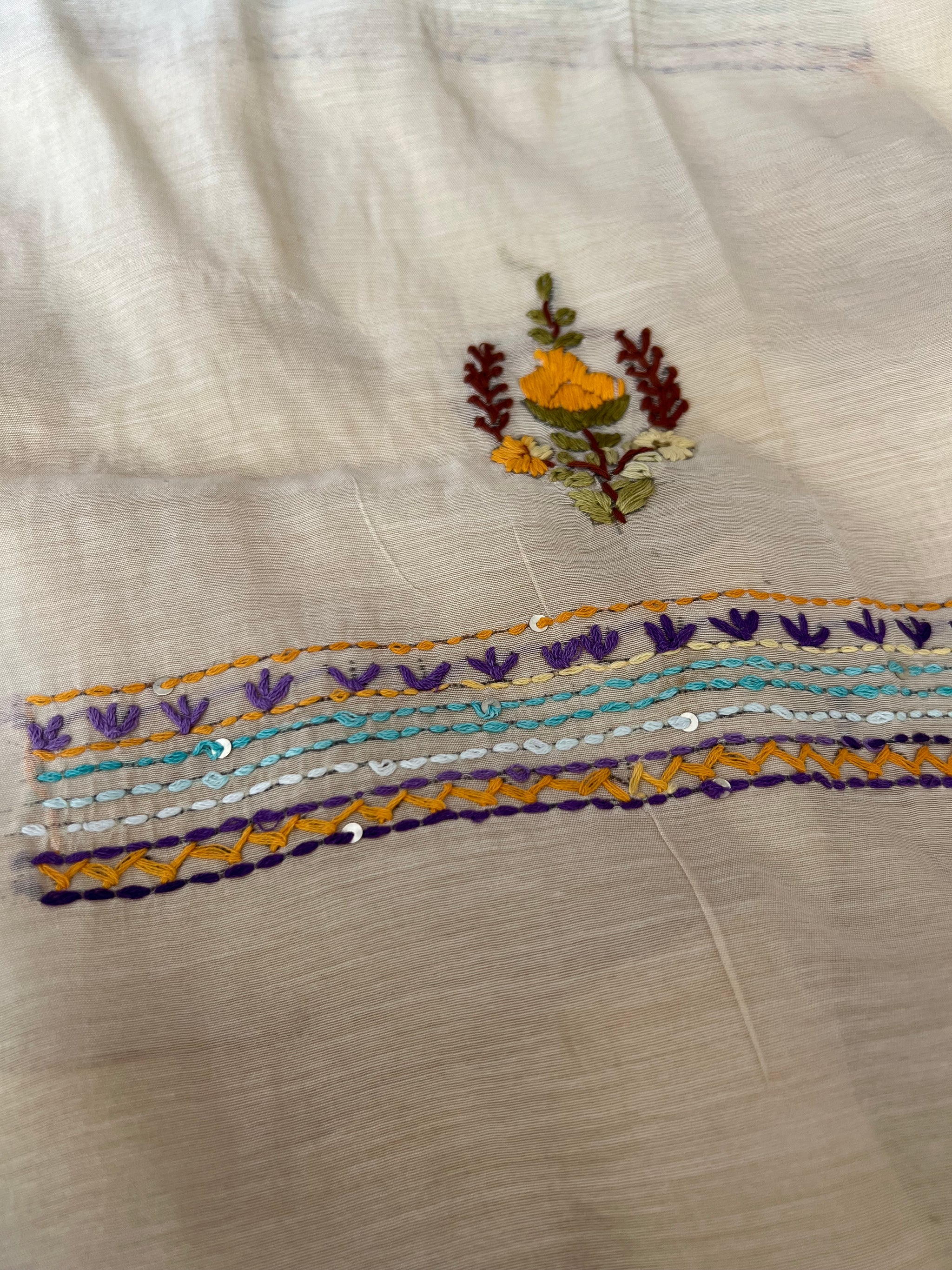 Cream bullion knot embroidery and paint Unstitched suit material