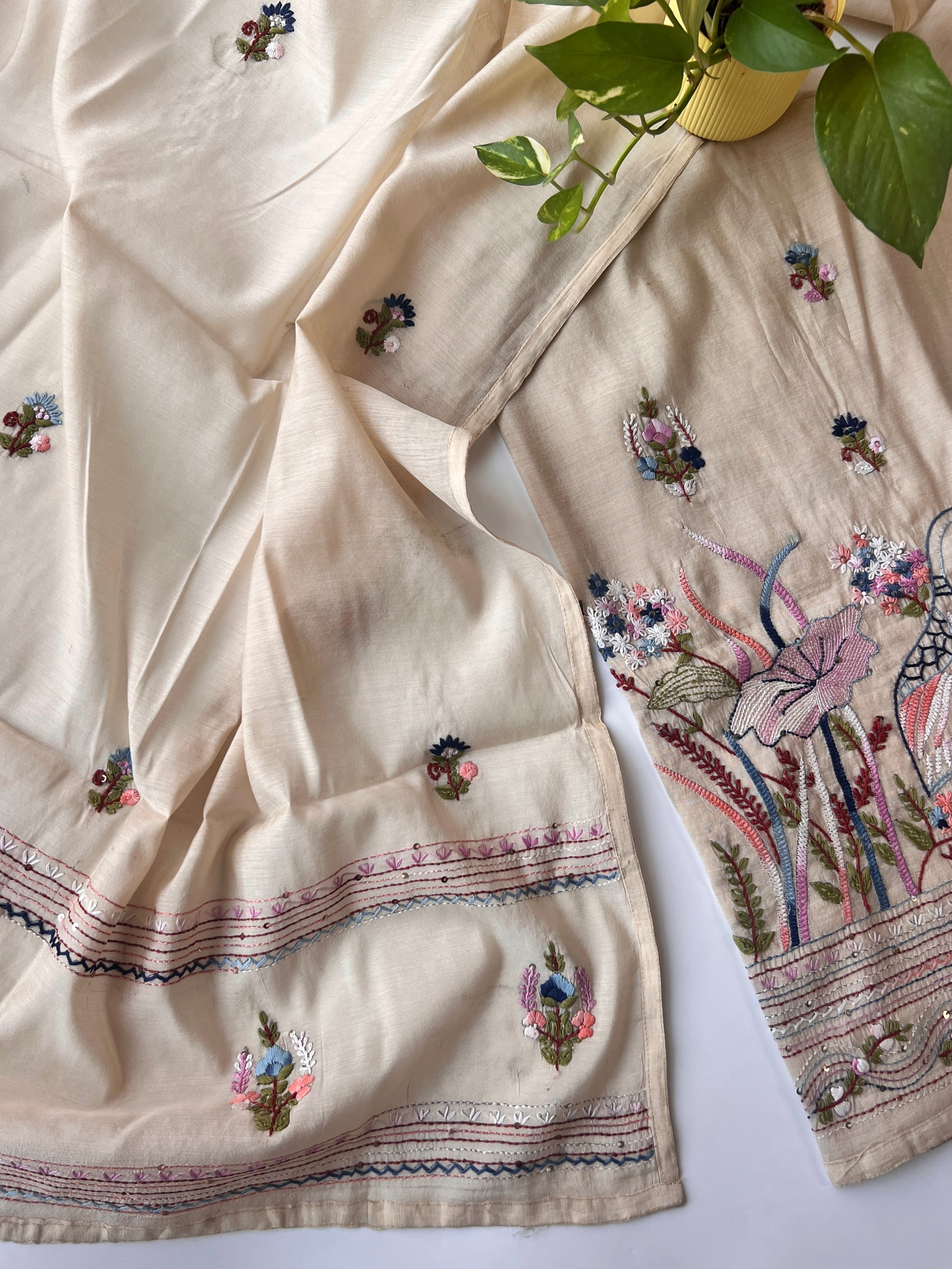 Chanderi knot embroidery Unstitched suit material
