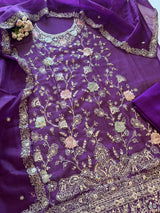 Pure Silk Organza Full embroidered premium unstitched suit in Purple