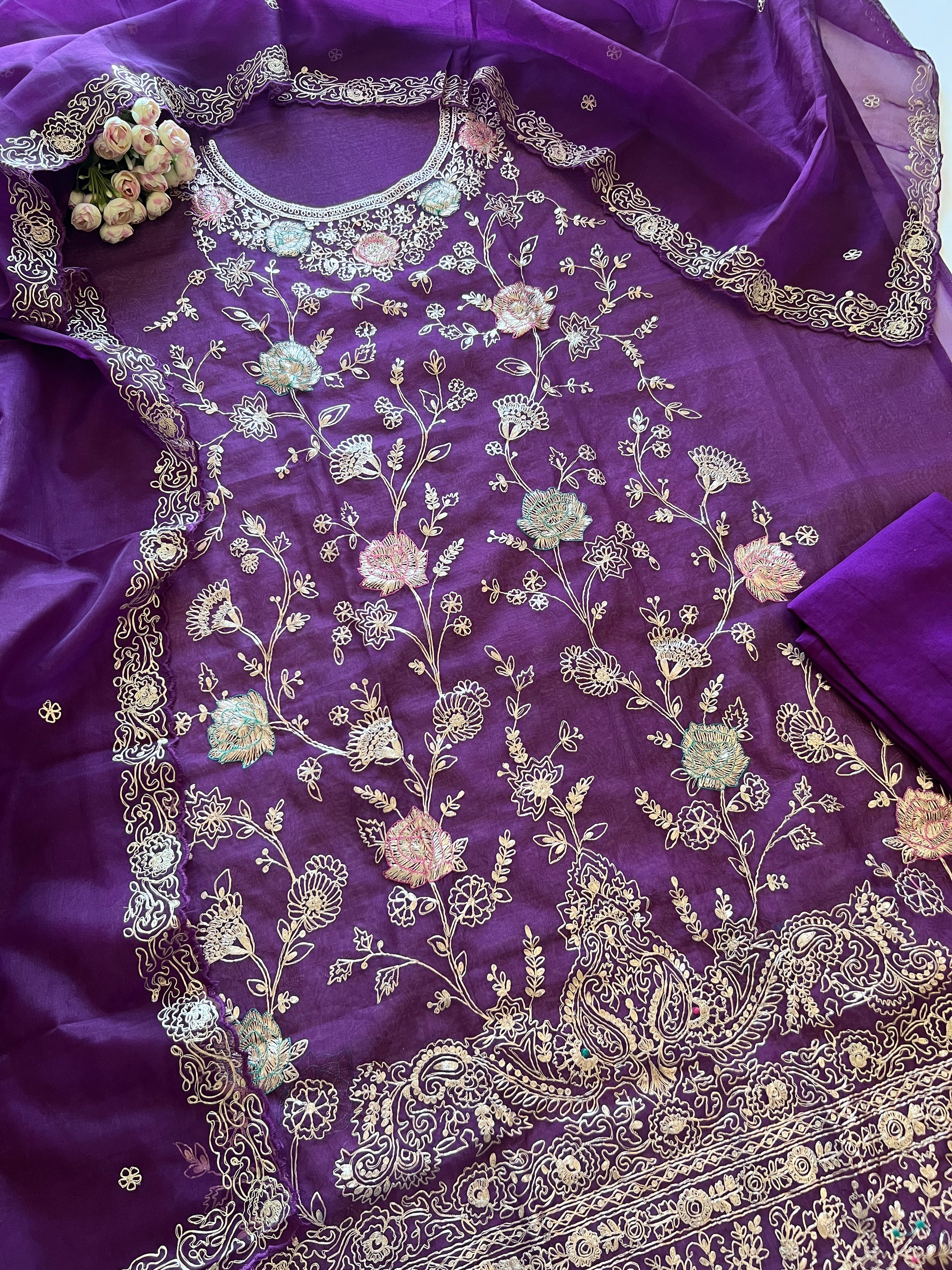 Pure Silk Organza Full embroidered premium unstitched suit in Purple