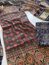 Blue Ajrakh Handblock print 3 pc fabric Unstitched suit set