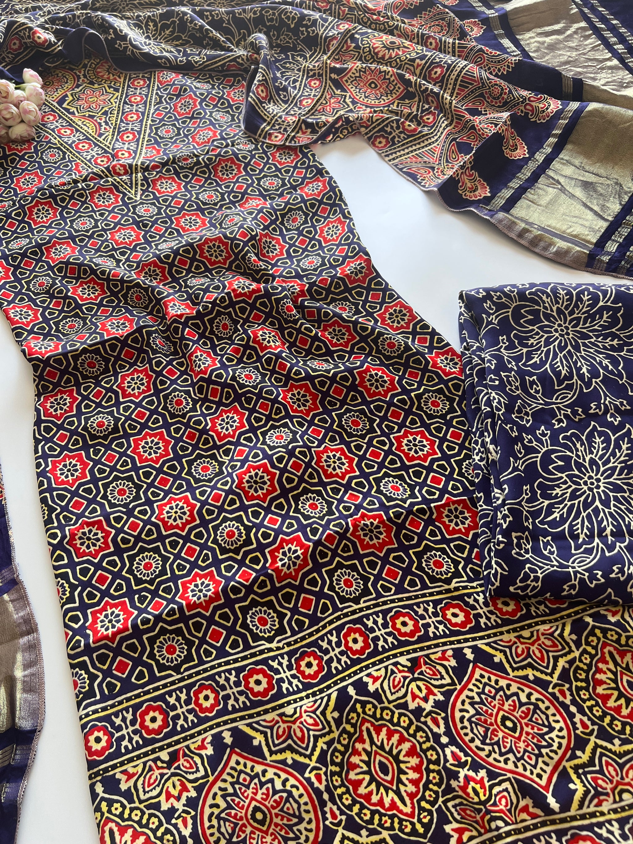 Blue Ajrakh Handblock print 3 pc fabric Unstitched suit set