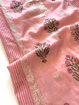Block print and pitta work on Mul Chanderi dunstitched Suit set