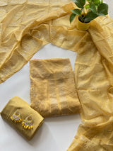 Yellow Mul Chanderi dress material with mukaish