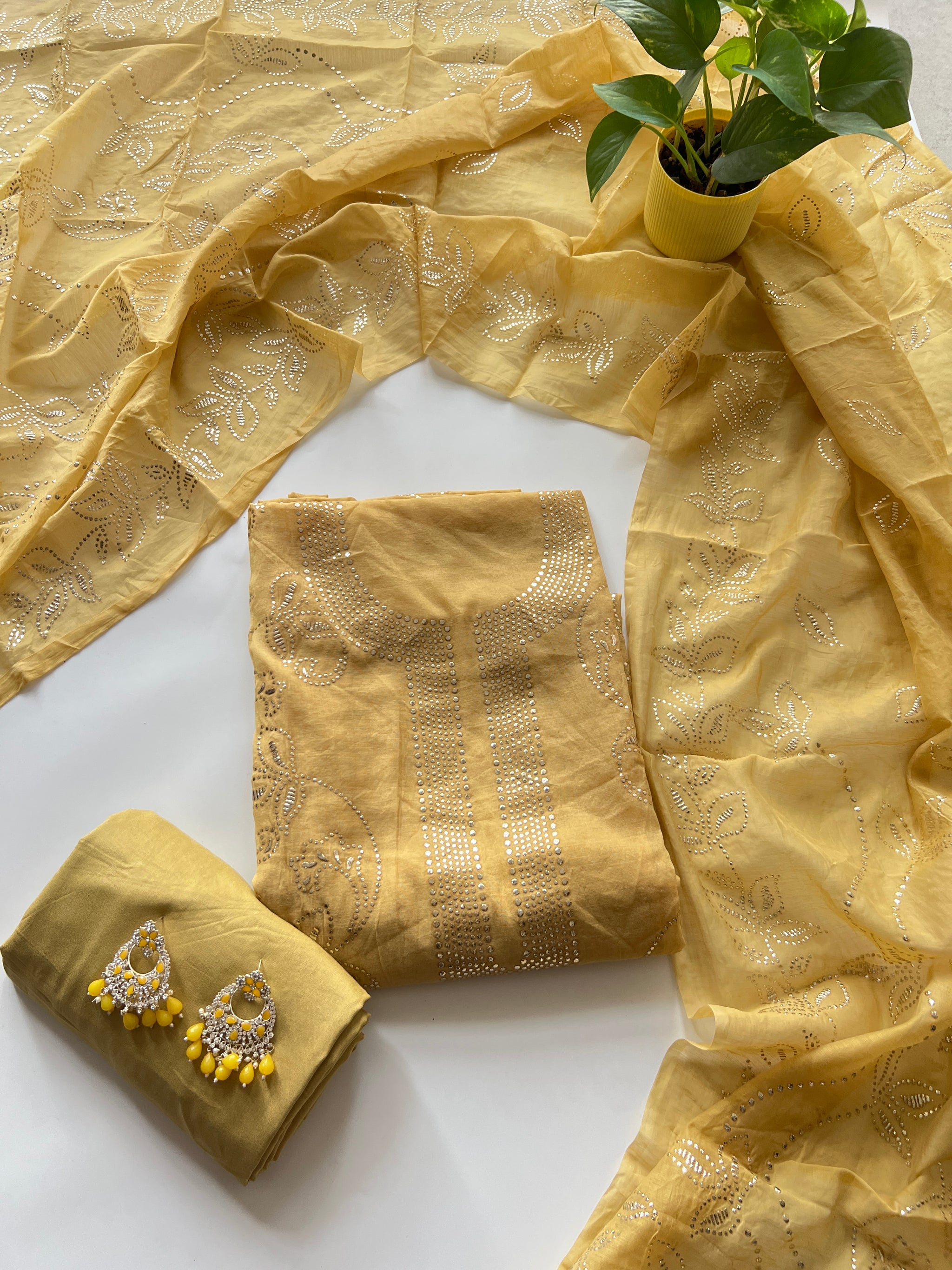 Yellow Mul Chanderi dress material with mukaish