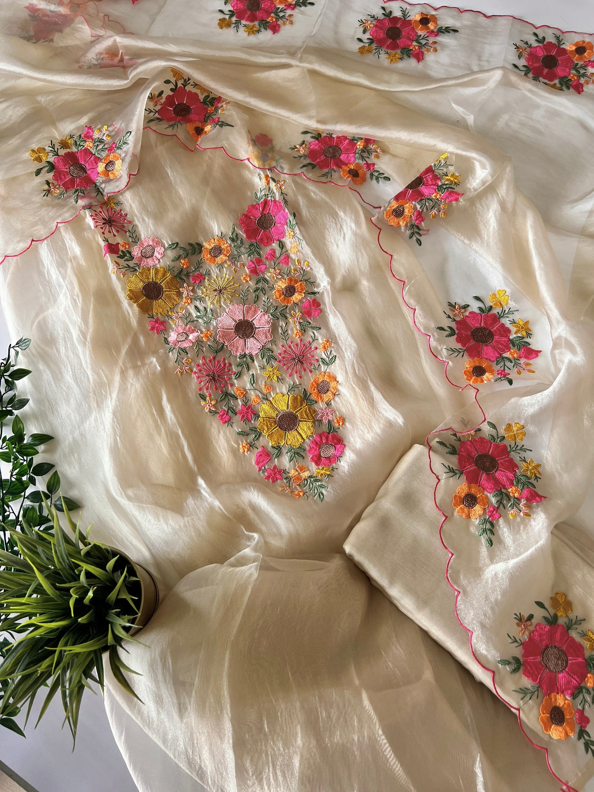 Ivory gold Sunflower Embroidery Crush Organza tissue Dress material