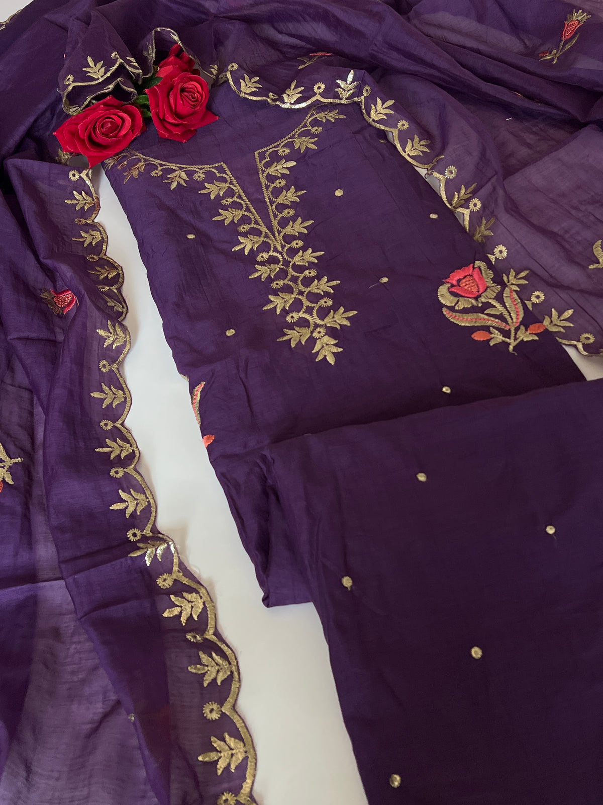 Purple Pitta with thread work on Mul Chanderi dress material - Unstitched Suit set
