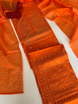 Orange Mul Chanderi dress material with mukaish geometric
