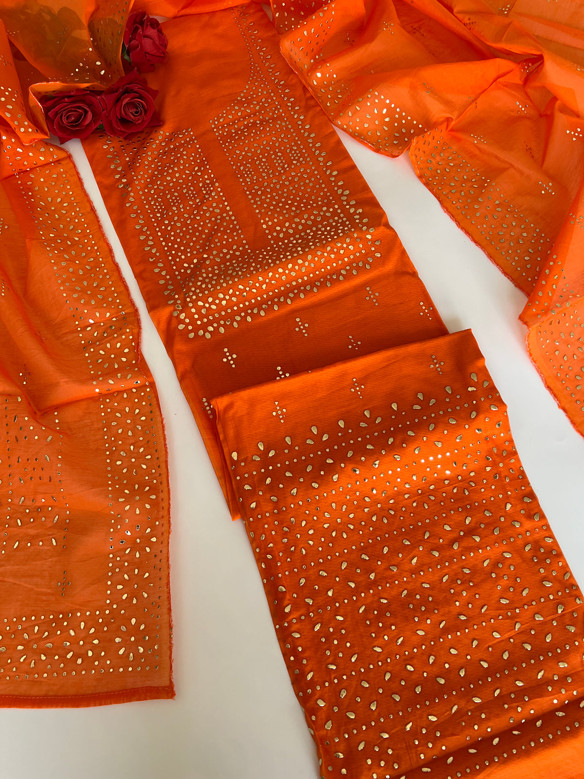 Orange Mul Chanderi dress material with mukaish geometric