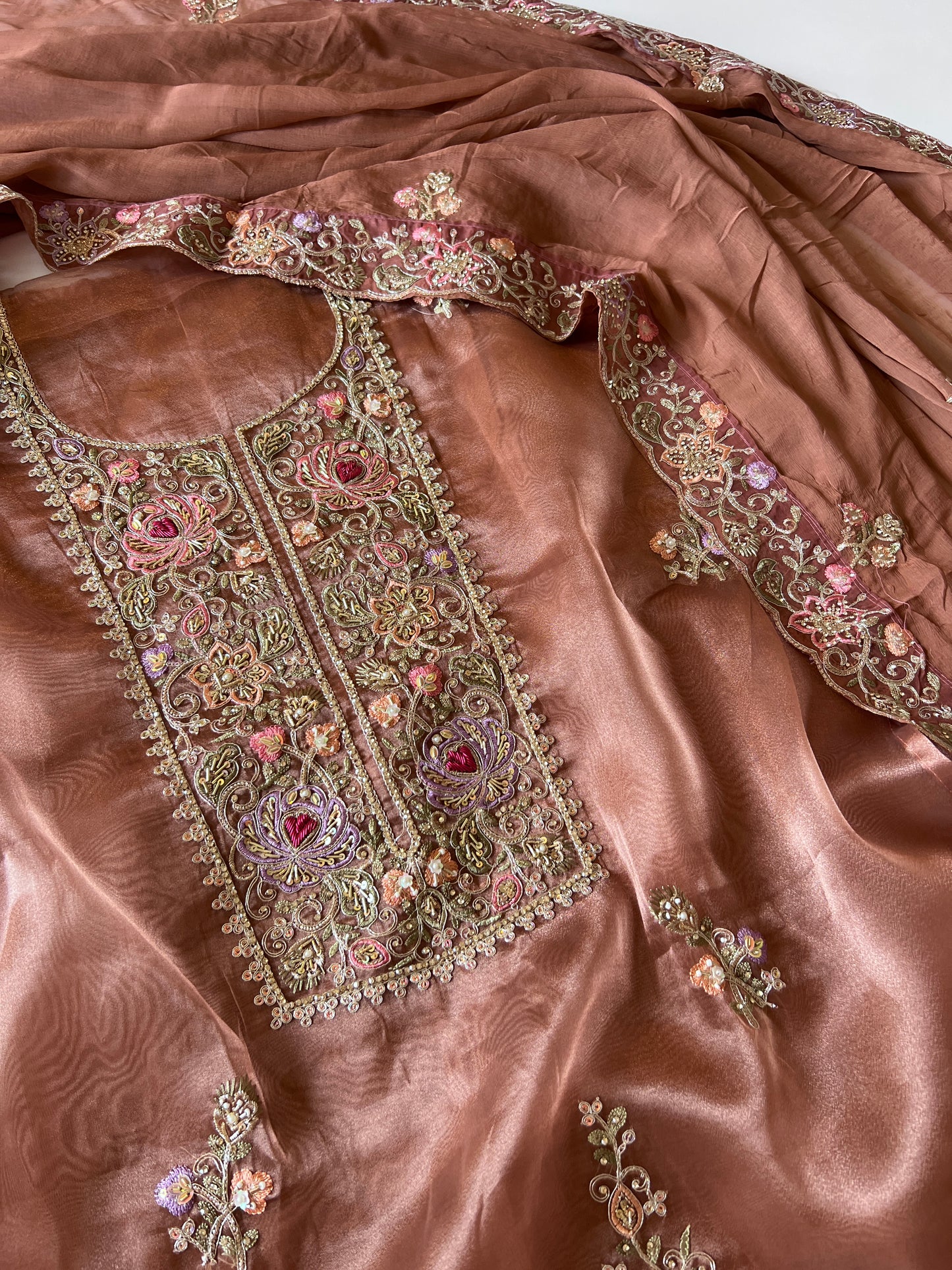 Brown Tissue partywear embroidered suit set unstitched