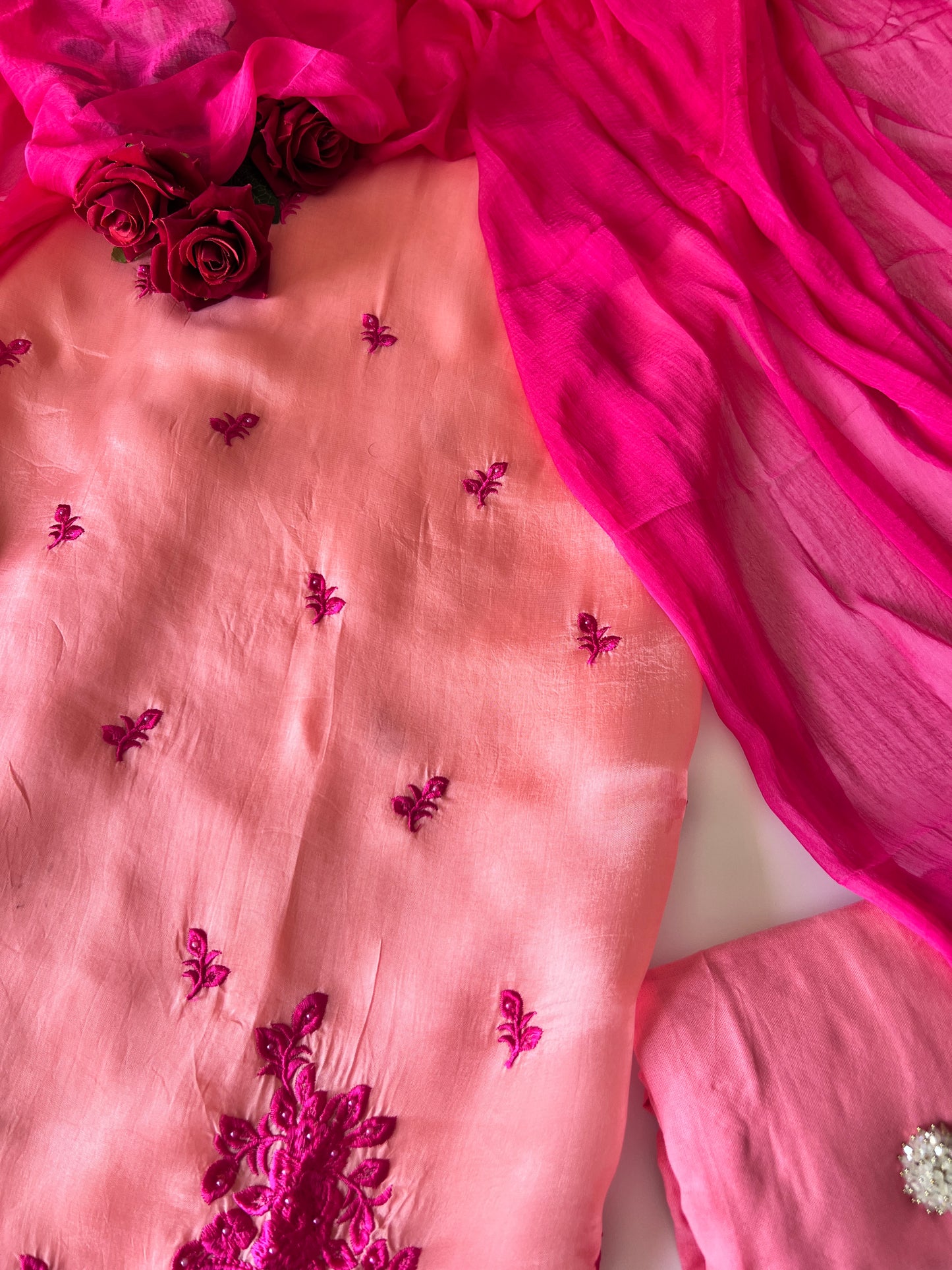 Peach Pink Embroidered Unstitched Suit