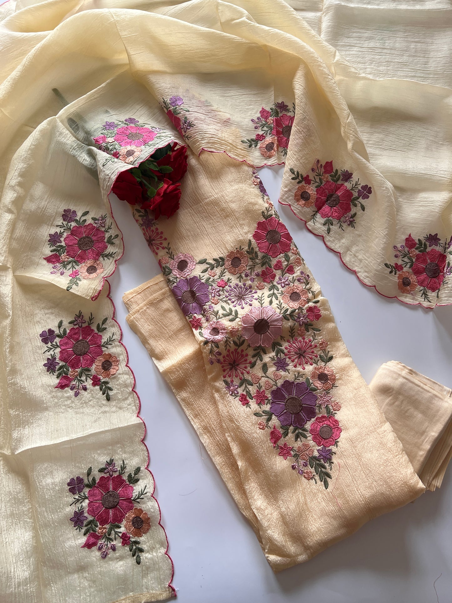 Yellow Sunflower Embroidery Crush dress material unstitched