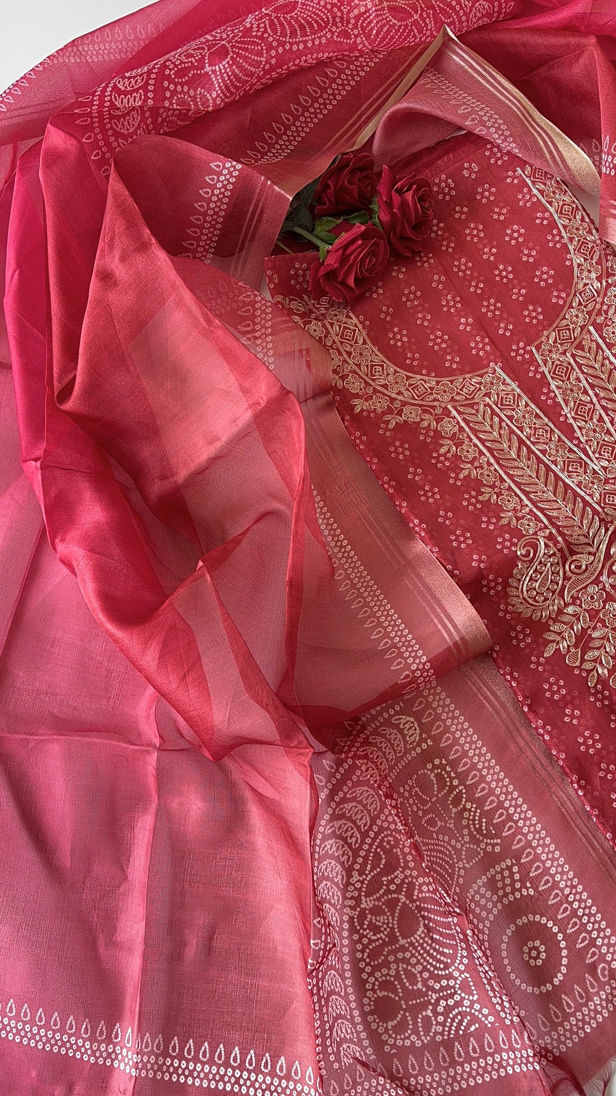 Red soft Organza crepe with Pitta work and bandej