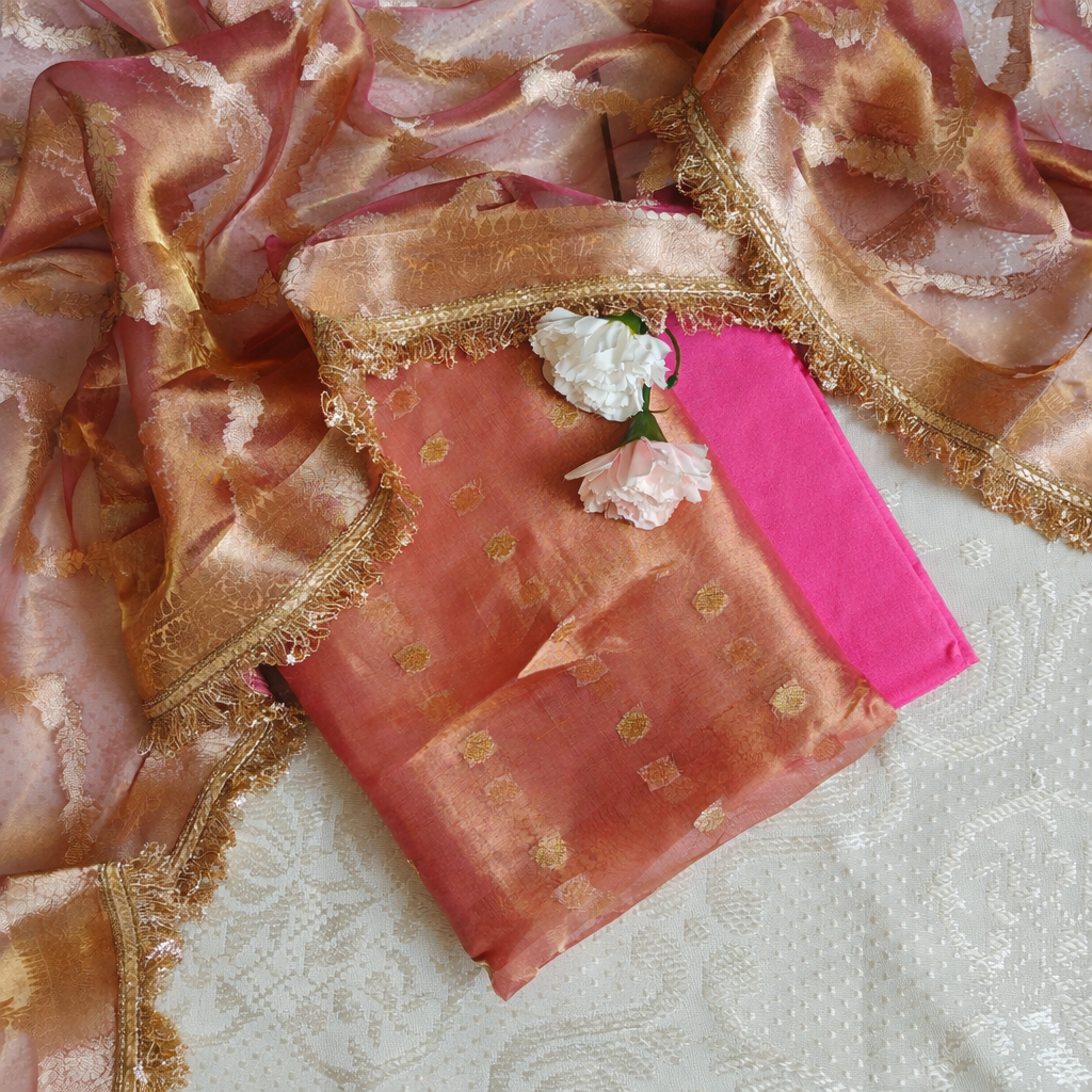 Pink Pure Silk Tissue Banarasi Suits