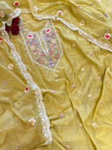 Yellow Mul Chanderi Thread embroidered Unstitched Suit