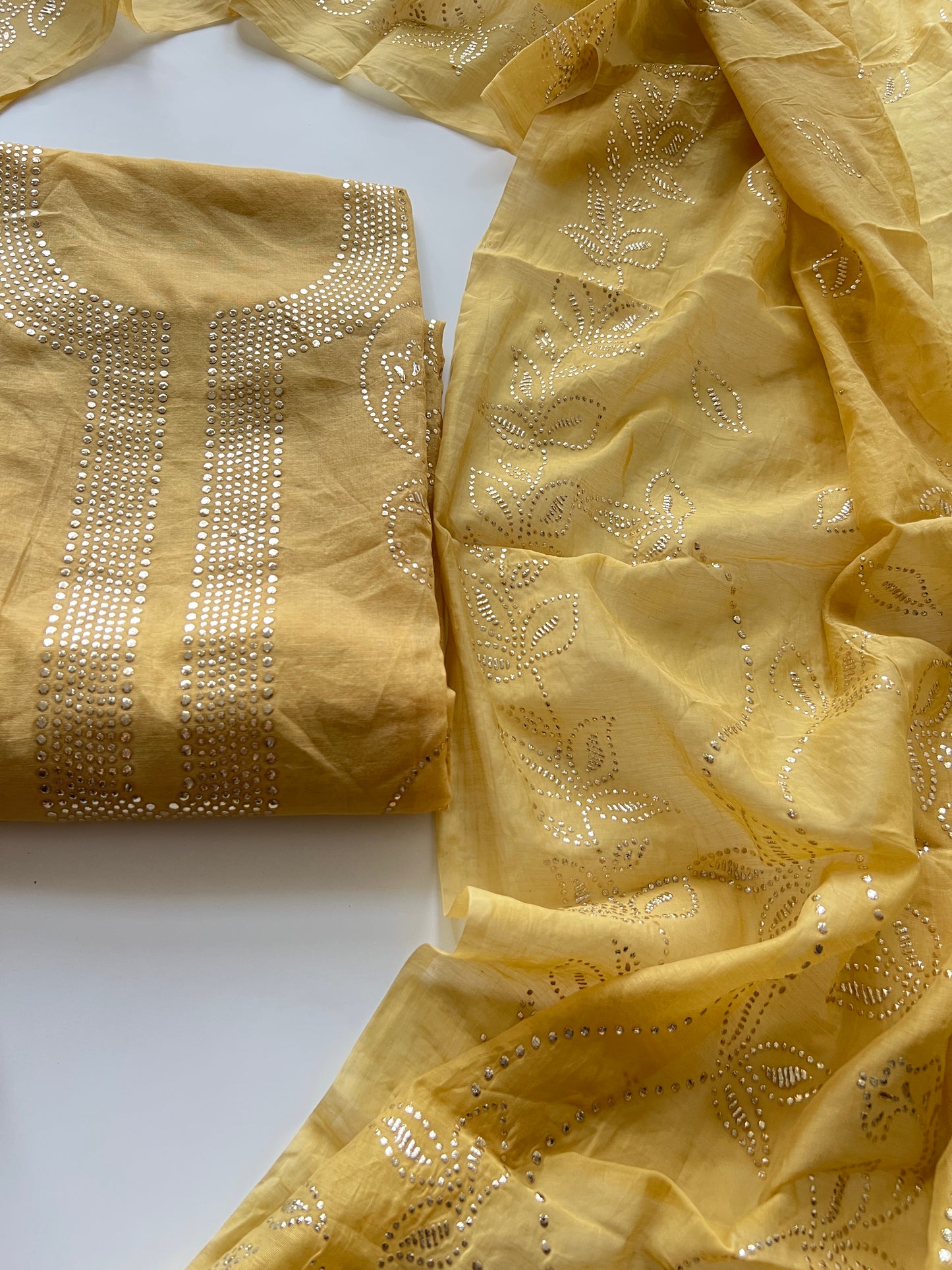 Yellow Mul Chanderi dress material with mukaish