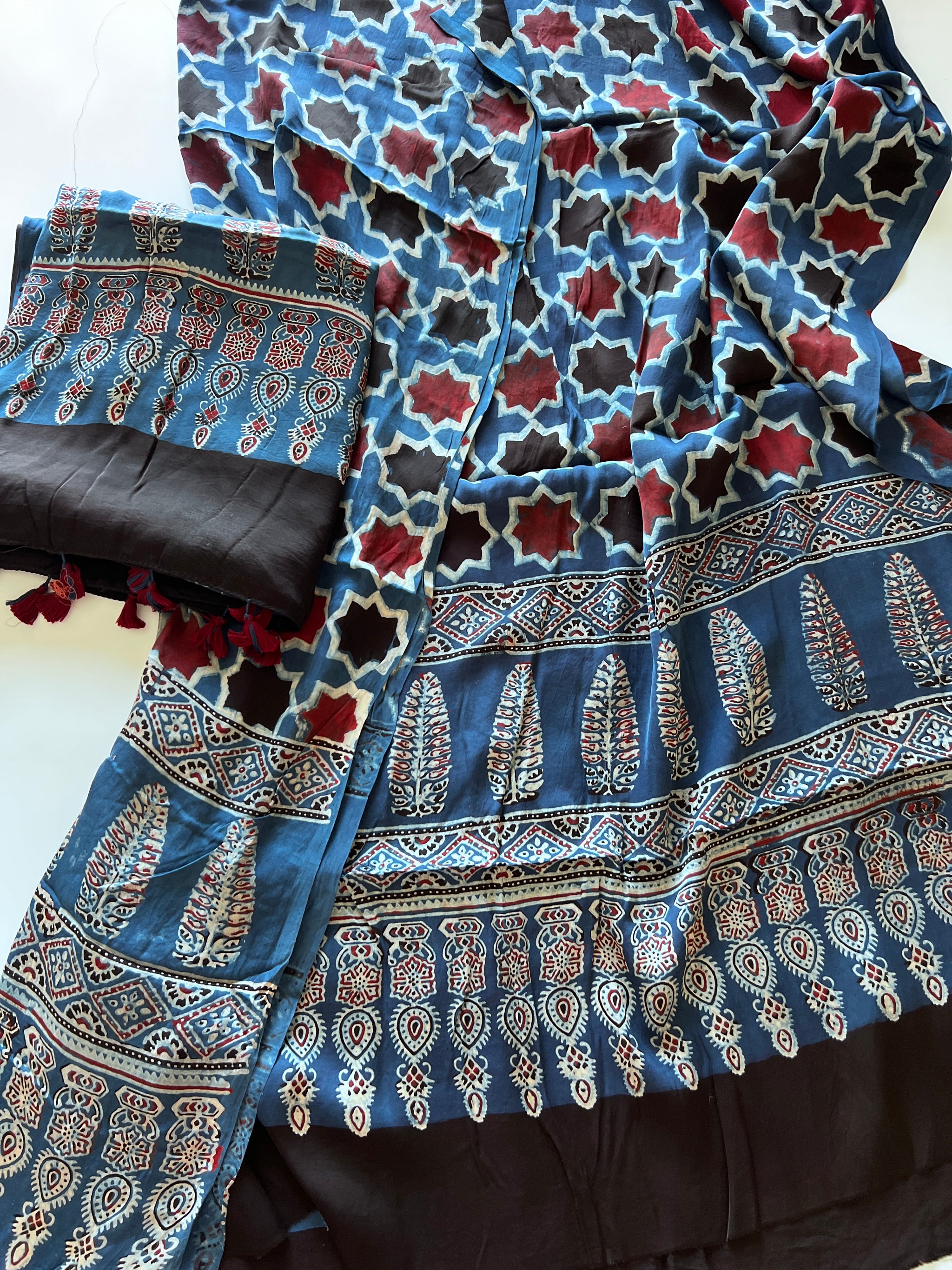 Blue Original Handblock Ajrakh print on Modal fabric Unstitched suit set