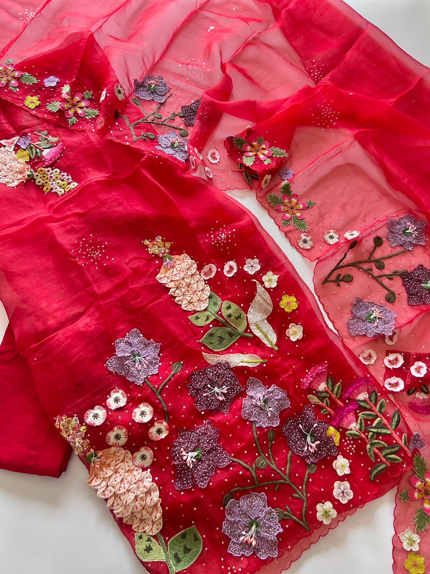 Red Fairy tale Embroidery on Organza premium unstitched dress material with 3D floral work