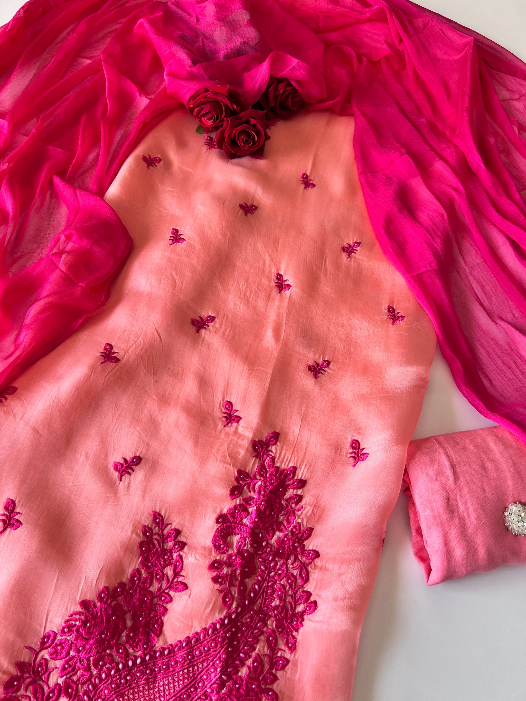 Peach Pink Embroidered Unstitched Suit
