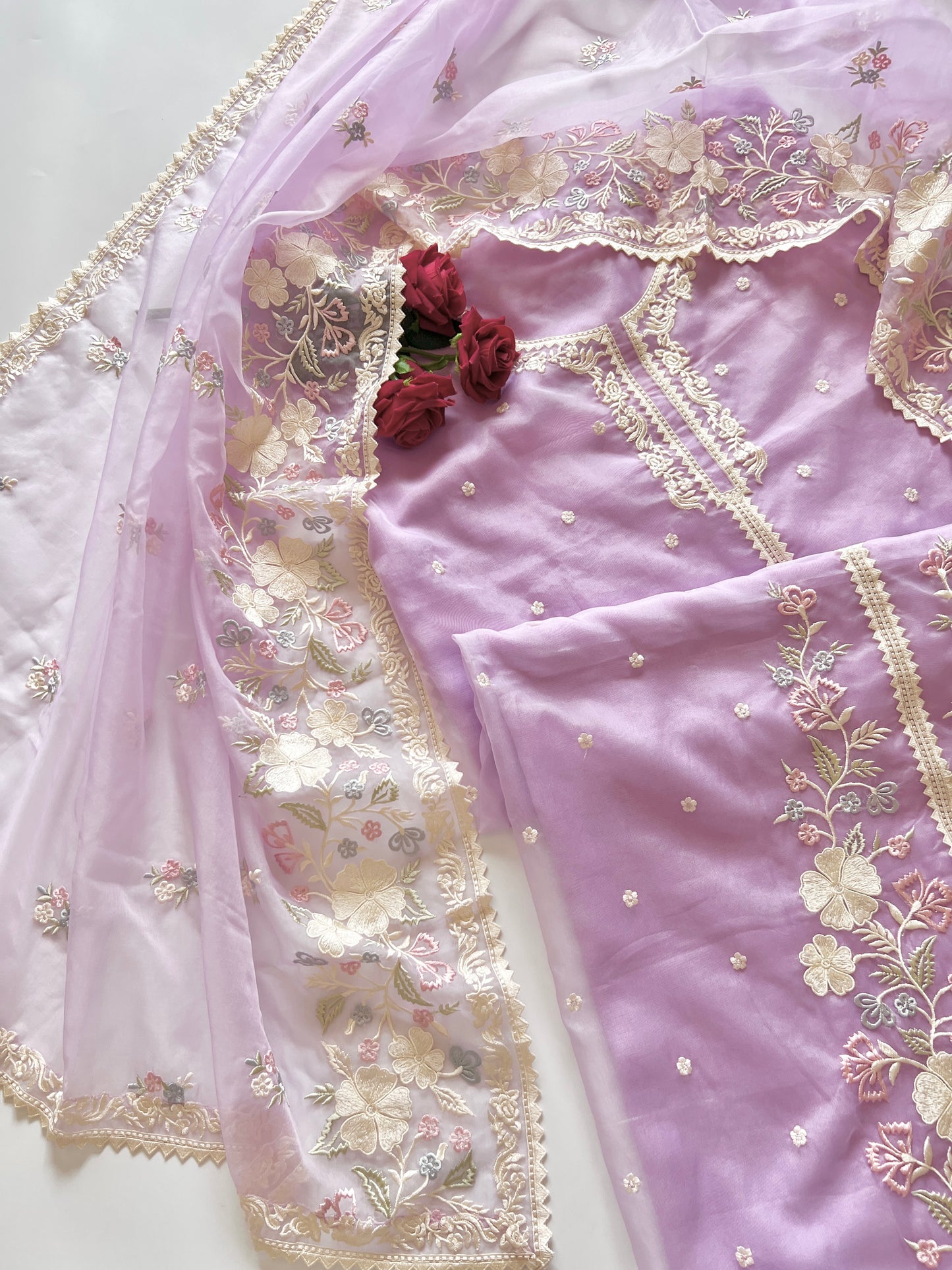 Purple Parsi Embroidered Organza Un-stitched Suit set