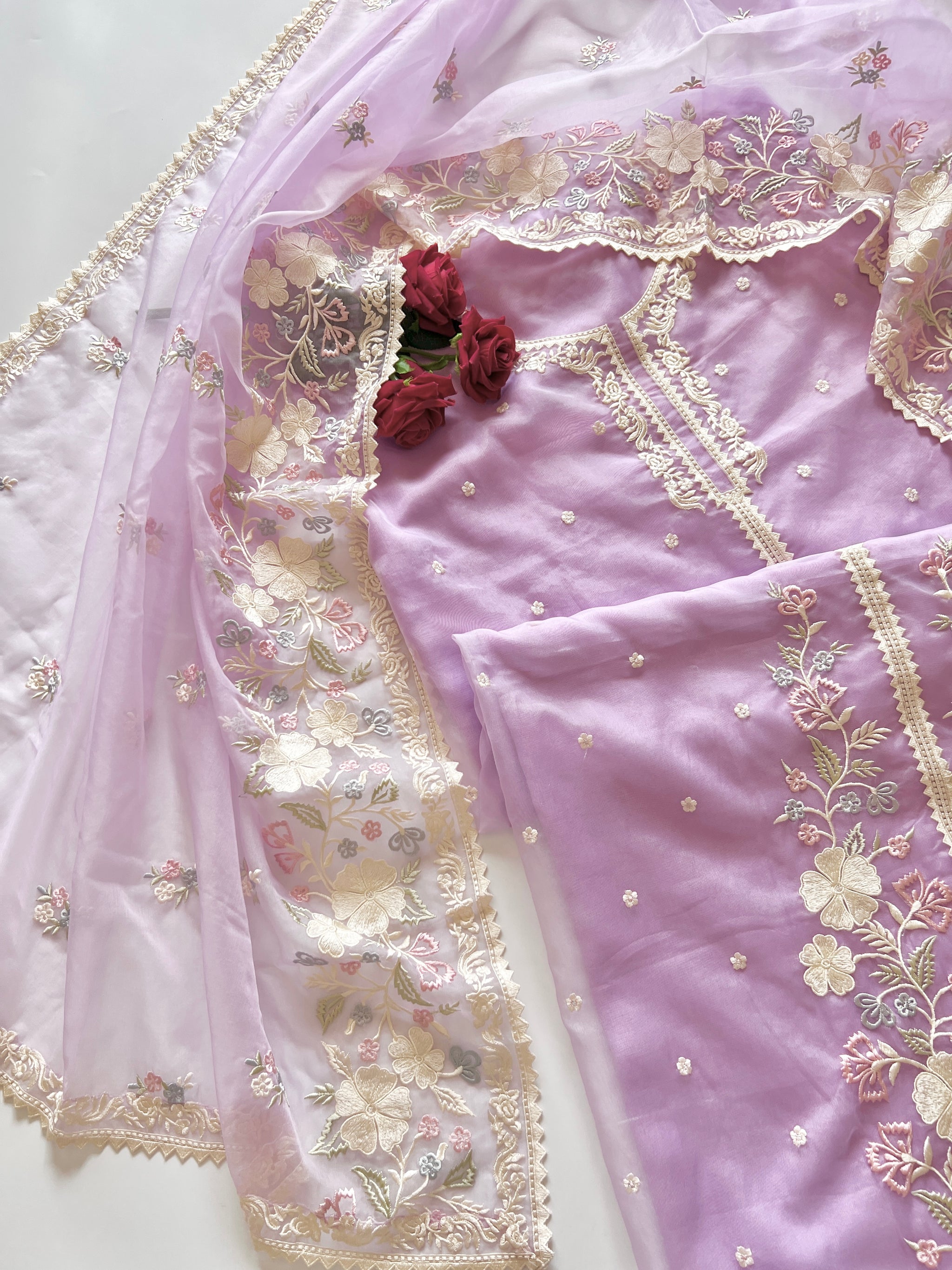 Purple Parsi Embroidered Organza Un-stitched Suit set