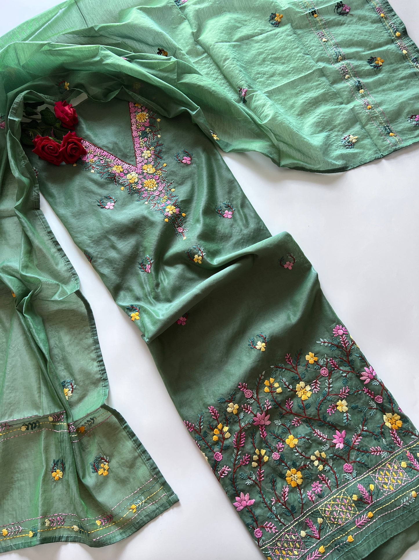 Green Knot embroidery Unstitched suit material 2 pc