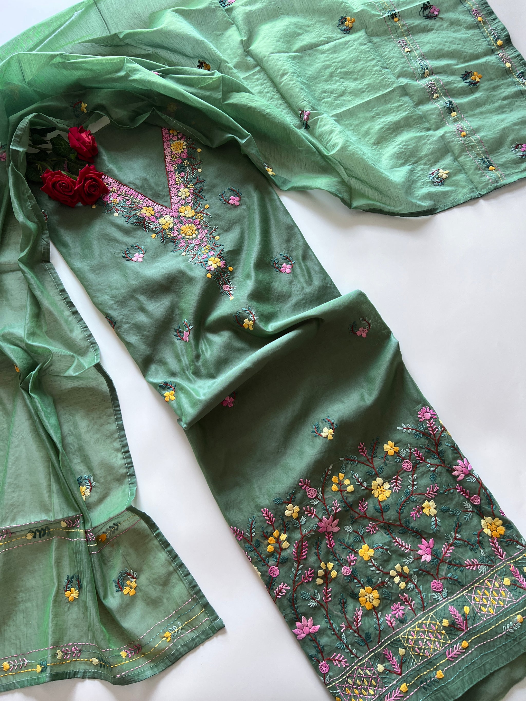Green Knot embroidery Unstitched suit material 2 pc