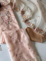 Peach thread Embroidery unstitched suit