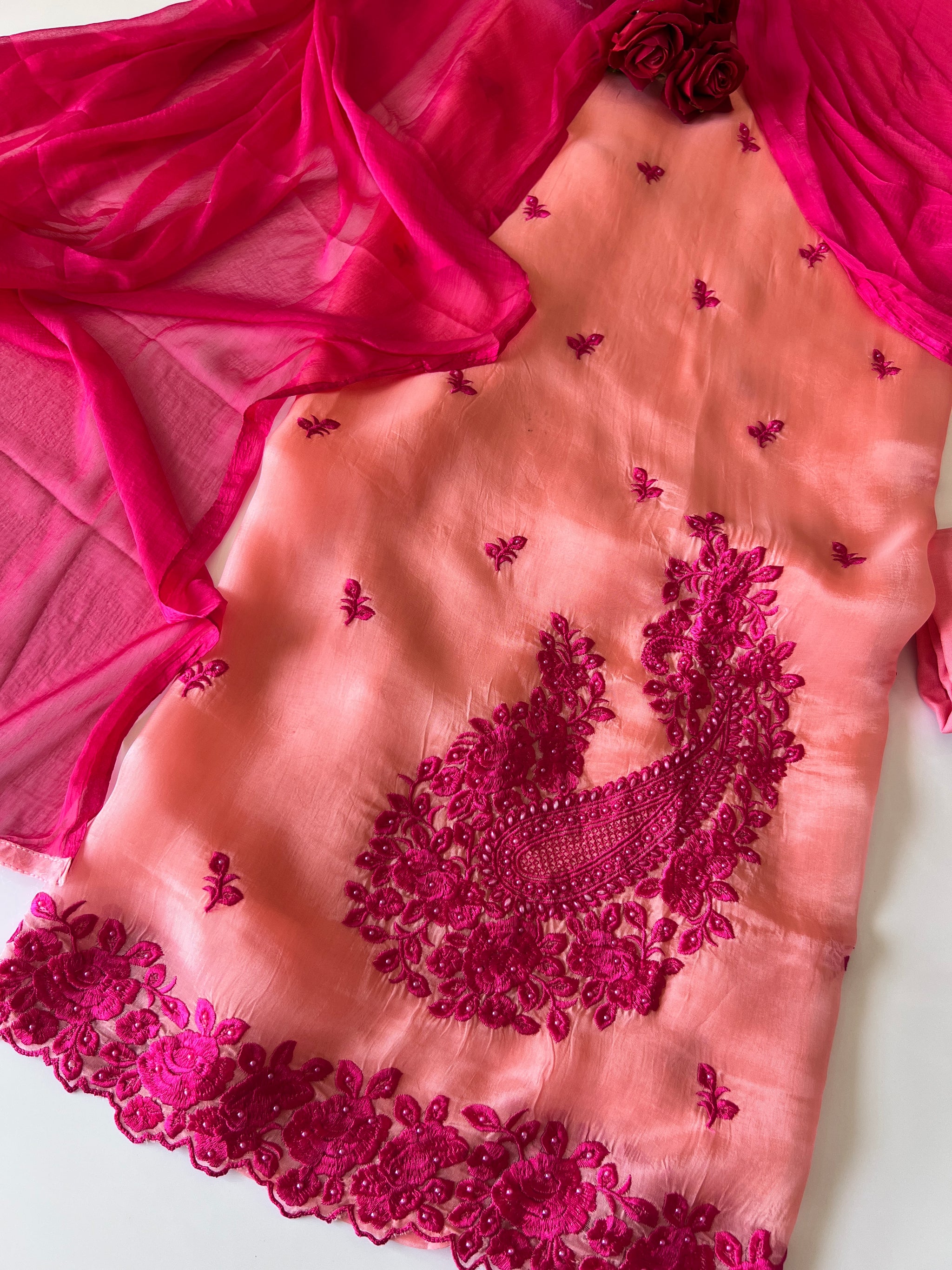 Peach Pink Embroidered Unstitched Suit