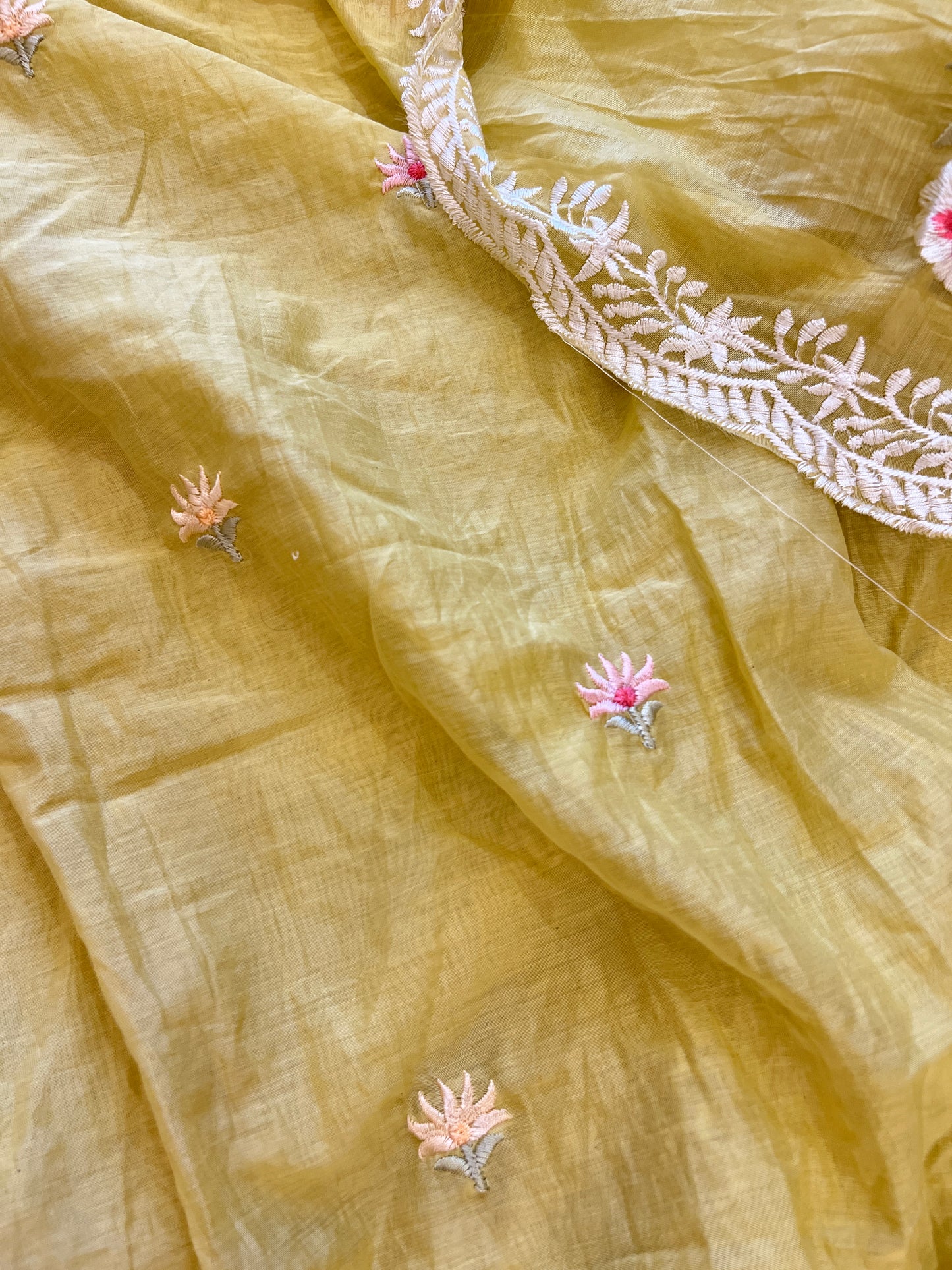 Yellow Mul Chanderi Thread embroidered Unstitched Suit