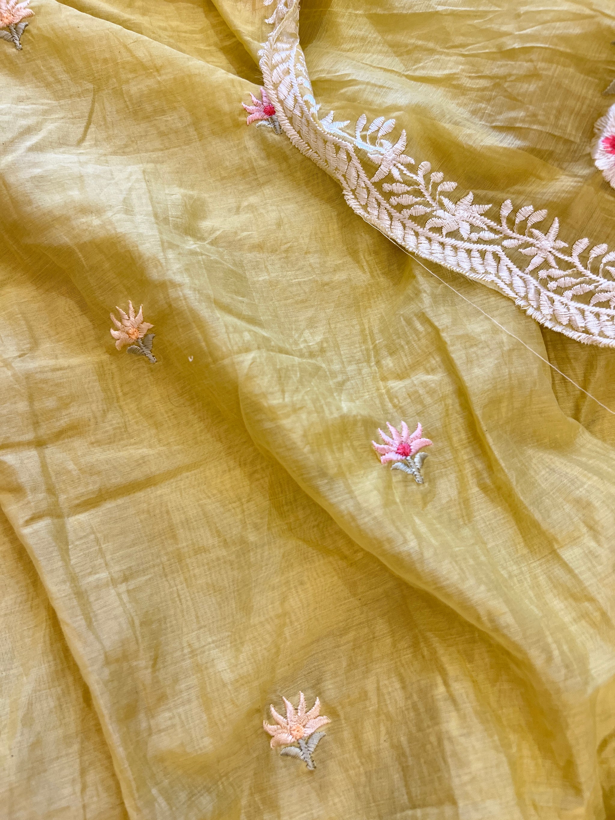 Yellow Mul Chanderi Thread embroidered Unstitched Suit