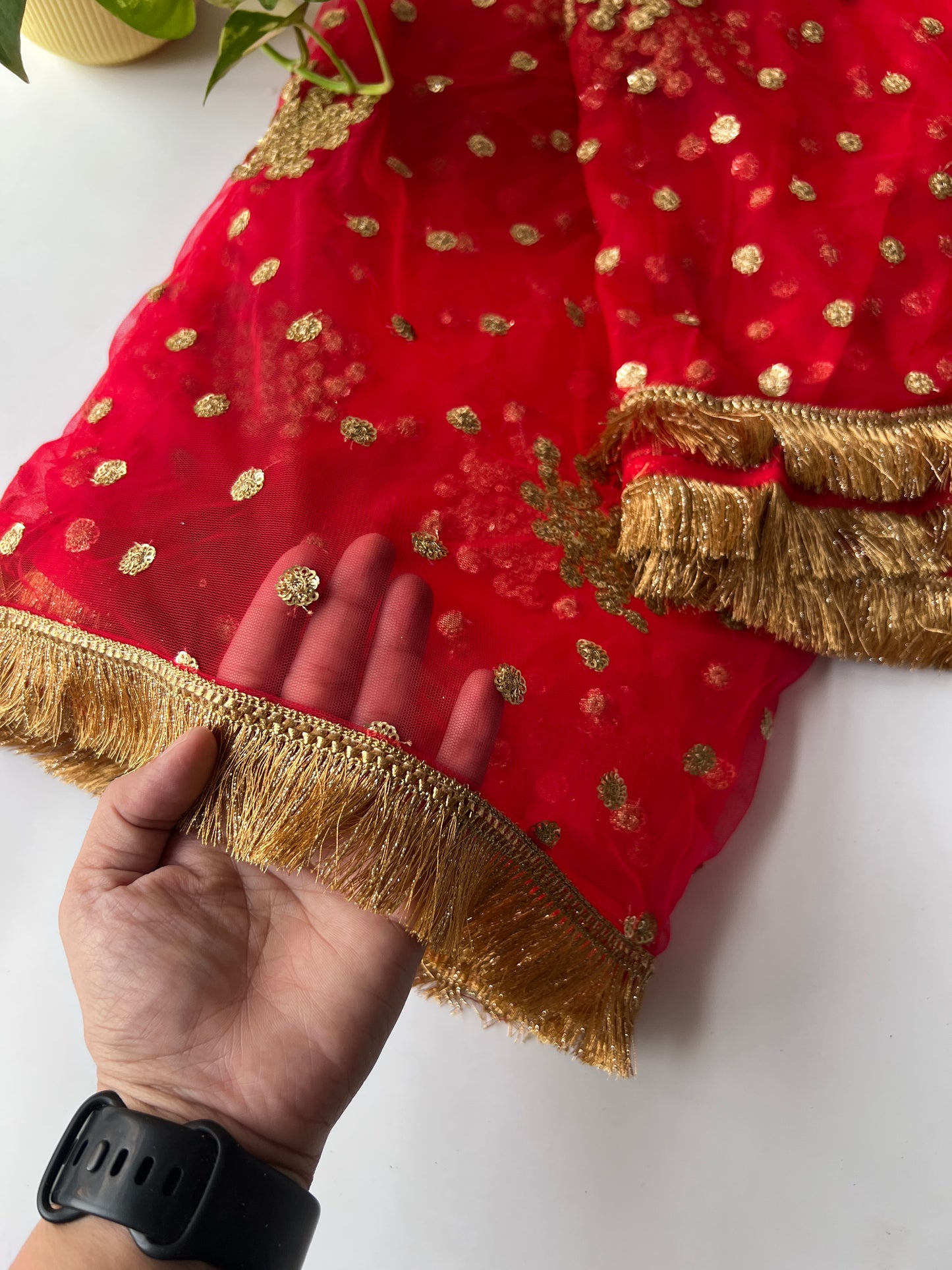 Red Bridal Net dupatta with fringe border
