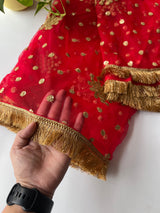Red Bridal Net dupatta with fringe border