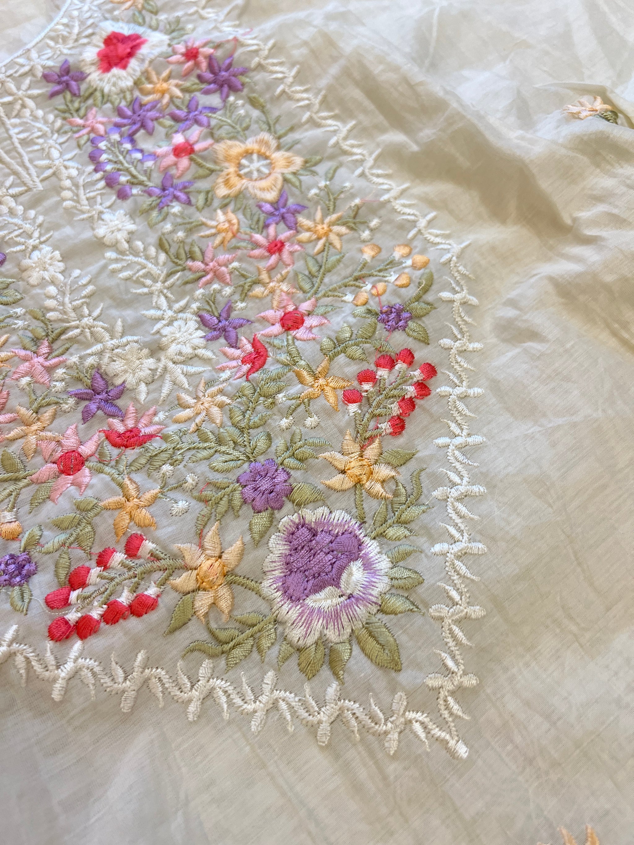 Mul Chanderi Thread embroidered Unstitched Suit