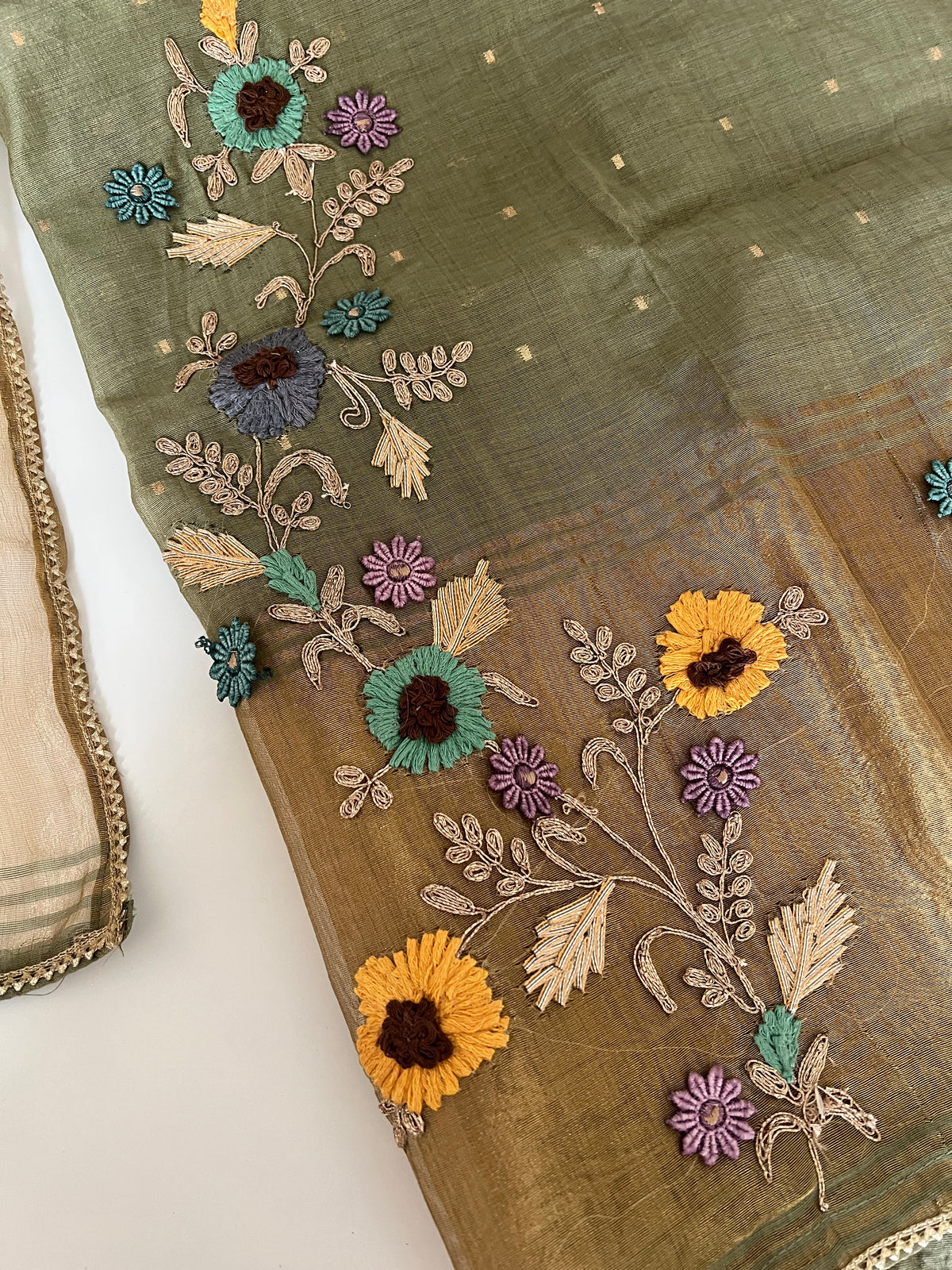 Olive Green Floral Embroidery tissue Jamdani Dress material